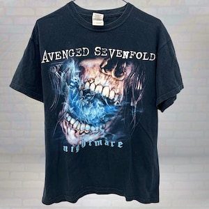 Retro Avenged Sevenfold Nightmare T-Shirt - Black Heavy Metal Band Tee, Skull Graphic Concert Tour Shirt, Rock Streetwear Size Medium