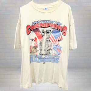 Vintage 1994 New York Rangers Stanley Cup Champions T-Shirt NHL Hockey Graphic Tee USA Canada Flag Sports Fan Shirt Rare Collectible Size XL