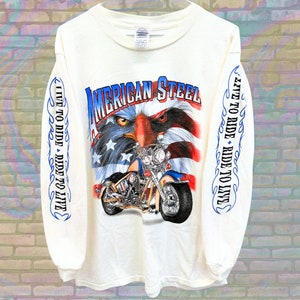 Vintage American Steel Long Sleeve Shirt | Eagle Motorcycle Graphic Tee | Biker Shirt | Ride to Live Graphic | Gift for Him/Her Size Medium
