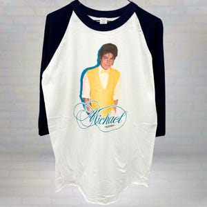 RARE 1984 Michael Jackson Raglan Shirt, 80s Pop Icon Graphic Tee, Retro Yellow Jacket Design, Classic MJ Music Apparel, Size Large