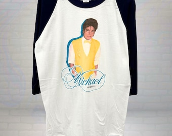 RARE 1984 Michael Jackson Raglan Shirt, 80s Pop Icon Graphic Tee, Retro Yellow Jacket Design, Classic MJ Music Apparel, Size Large