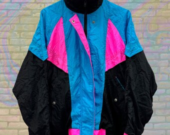 Giacca a vento oversize Active Spirit rosa neon e blu, piccola unisex, anni '90, vintage Cottagecore Grannycore