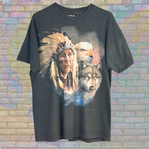 3D Emblem Indigenous Chief Eagle & Wolf Vintage 1993 Animal Nature Landscape T-shirt - Large