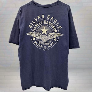 Vintage Harley Davidson Silver Eagle T Shirt Waterloo Iowa Biker Graphic Tee Motorcycle Winged Logo Black USA Made Size 2XL