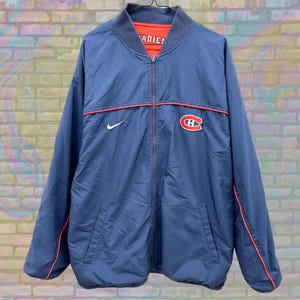 Jaqueta reversível Nike RARE Vintage Montreal Canadiens dos anos 90, jaqueta leve com zíper para hóquei da NHL, vestuário esportivo retrô para fãs, tamanho grande