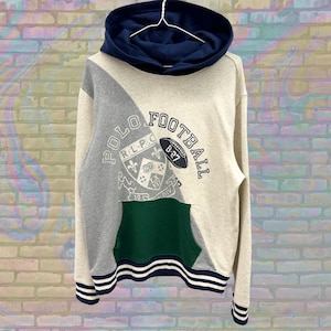 Vintage Polo Ralph Lauren Football Hoodie, Colorblock Pullover, Casual Streetwear Sweatshirt, Unisex Preppy Sportswear, Size XL