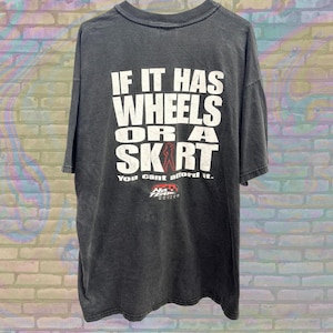Vintage 90s No Fear Racing Graphic T-Shirt, &quot;Wheels or a Skirt&quot; 90s Streetwear Tee, Black Bold Statement Shirt, Size 2XL