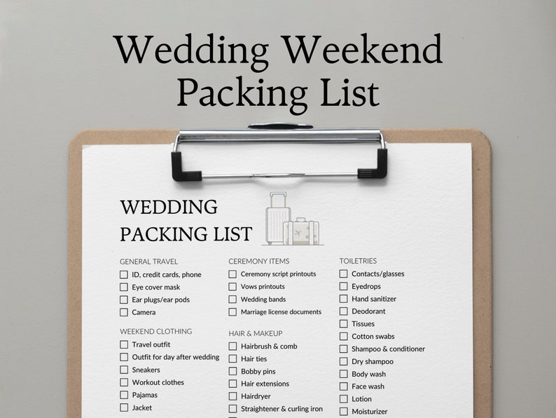 Wedding Weekend Packing List Printable, Wedding Packing List, Bride Packing List, Blank Wedding