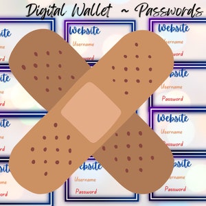 May include: A digital wallet with a band-aid covering the username and password fields. The text "Digital Wallet ~ Passwords" is at the top of the image. The wallet is divided into sections for website, username, and password.