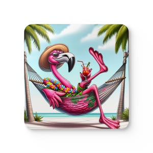 Coaster Set, Flamingo Beach Coasters, Drink Coasters Gift Set, Tropical Coasters, Bar Accessories, Summer Coasters