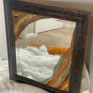 Large Decorative Mirror, Glam Mirror, Resin Geode Mirror, Resin Wall Art, Magic Mirror on the Wall, Blue, orange, and gold Mirror