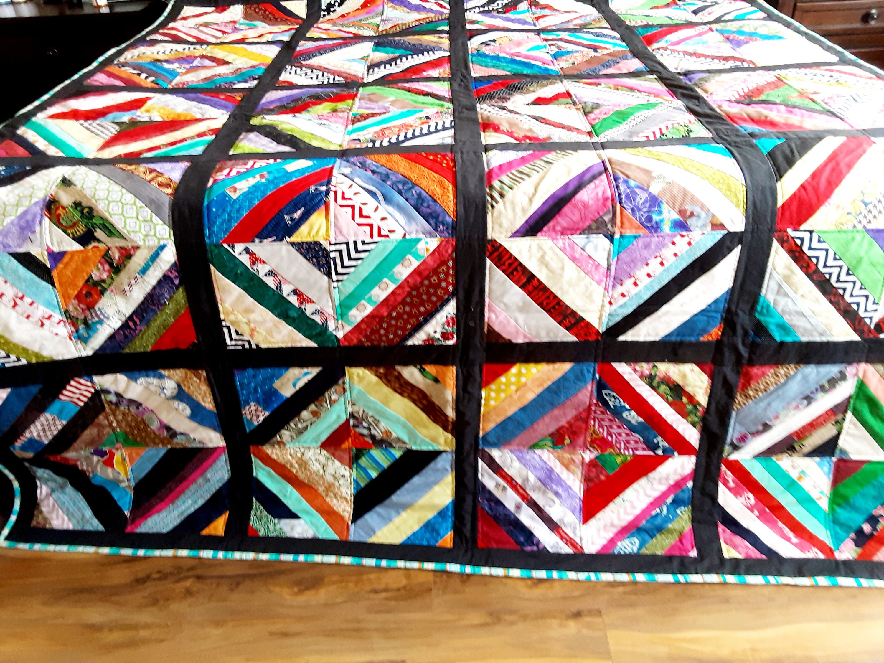 Handmade Multi Colored Scrappy Quilt With Black Sashing and Measures ...