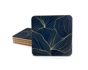 Square Large 4" Premium Felt and Cork Coaster Set, 1/4" Thick "Natural Lines" Design Barware Homegoods