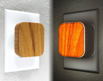 Red Oak Wood Night Light: Handmade Plug-In Lamp with Automatic Dimming