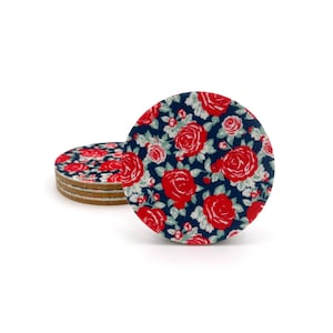 Round Large 4&quot; Premium Felt and Cork Coaster Set, 1/4&quot; Thick &quot;Rose Pop&quot; Design Barware Homegoods