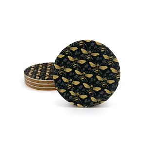 Round Large 4&quot; Premium Felt and Cork Coaster Set, 1/4&quot; Thick &quot;Bee Free&quot; Design Barware Homegoods