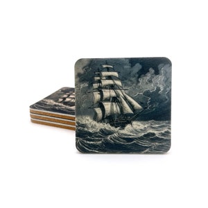 Square Large 4&quot; Premium Felt and Cork Coaster Set, 1/4&quot; Thick &quot;Rough Seas&quot; Design Barware Homegoods