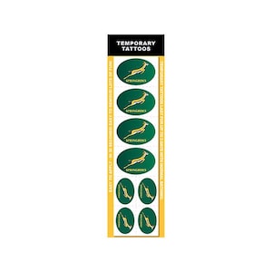 Puede incluir: Una hoja de tatuajes temporales con el logo de los Springboks. Los tatuajes tienen forma ovalada con fondo verde y un springbok dorado. La hoja también incluye el texto "TEMPORARY TATTOOS".