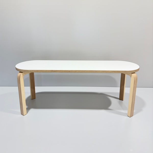 Banc scandinave en contreplaqué, table contemporaine banc ovale | PERSONNALISABLE