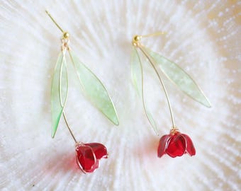 Boucles d'oreilles tulipes roses et rouges créatives faites main, boucles d'oreilles fleurs, boucles d'oreilles pendantes, cadeau de Noël pour elle, style coréen, boucles d'oreilles faites main
