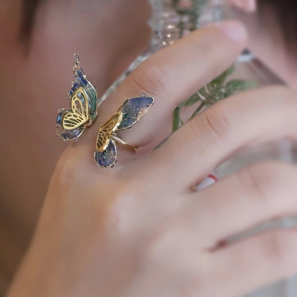 Handmade Creative ring  Multi-Color butterfly ring, wing ring. gift for her Korean style Titanium steel gold  ring