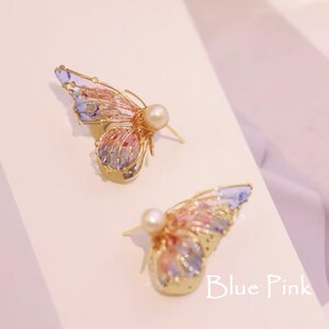 Boucle d'oreille créative faite main Boucles d'oreilles papillon multicolores, cadeau pour elle, Boucles d'oreilles en argent sterling 925 de style coréen gold-blue pink