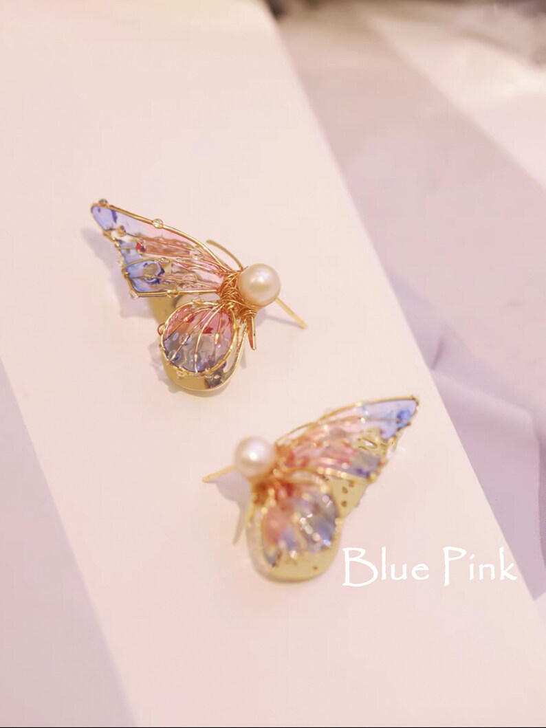 Boucle d'oreille créative faite main Boucles d'oreilles papillon multicolores, cadeau pour elle, Boucles d'oreilles en argent sterling 925 de style coréen gold-blue pink