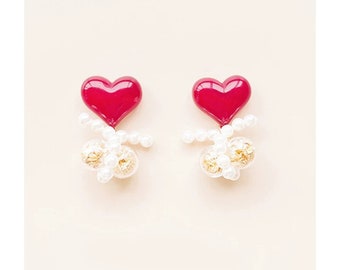 Boucle d’oreille en verre créative faite à la main, boucles d’oreilles en perles en forme de cœur de la Saint-Valentin, boucles d’oreilles à clous, cadeau pour ses boucles d’oreilles en OR 18 carats de style coréen