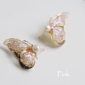 Boucle d'oreille créative faite main Boucles d'oreilles papillon multicolores, cadeau pour elle, Boucles d'oreilles en argent sterling 925 de style coréen gold- pink