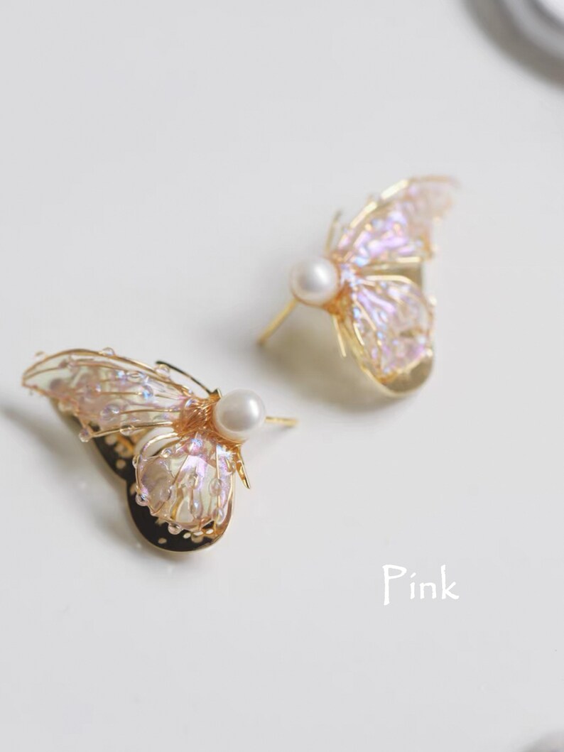 Boucle d'oreille créative faite main Boucles d'oreilles papillon multicolores, cadeau pour elle, Boucles d'oreilles en argent sterling 925 de style coréen gold- pink