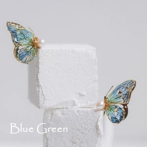 Handmade Creative earring  Multi-Color butterfly earrings  pearl wing earring gift for her Korean style  925 Sterling Silver Stud Earrings