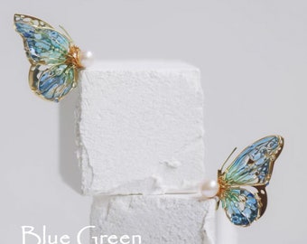 Handmade Creative earring  Multi-Color butterfly earrings  pearl wing earring gift for her Korean style  925 Sterling Silver Stud Earrings