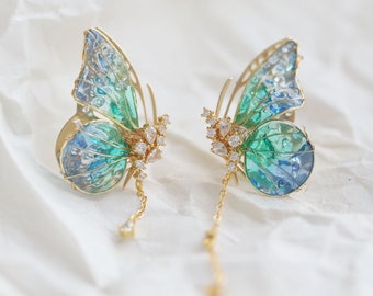 Handmade Creative earring  Multi-Color butterfly earrings  pearl wing earring gift for her Korean style  925 Sterling Silver Stud Earrings