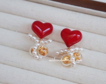 Boucle d'oreille en verre créative faite main, boucles d'oreilles en forme de coeur avec perles Saint-Valentin, clous d'oreilles, cadeau pour elle Boucles d'oreilles de style coréen en or 18 carats