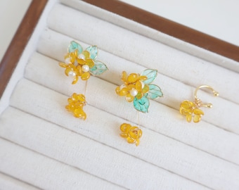 Boucles d'oreilles pendantes en osmanthus jaune créatives faites main, ensemble de boucles d'oreilles pendantes florales, cinq pièces, plusieurs façons de le porter, cadeau pour elle, cadeau de Noël