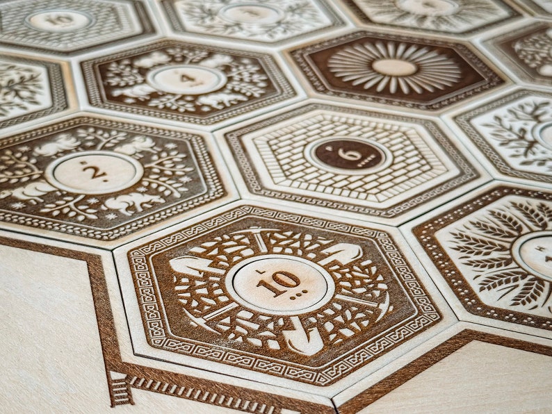 May include: A wooden game board with hexagonal tiles featuring different designs and numbers. The tiles are arranged in a honeycomb pattern. The numbers on the tiles range from 2 to 10.