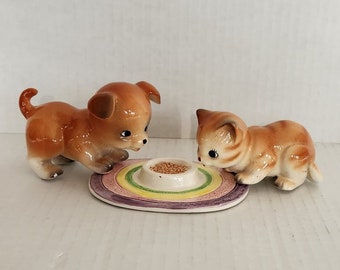 Vintage Rare Ceramic Puppy and Kitten Sharing Food Figurine Set Giftcraft Korea Hungry Pets Dog and Cat