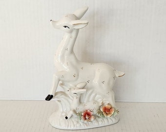 Vintage White and Gold Porcelain Deer Doe and Fawn with Flowers Figurine Statue