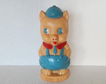 Vintage Kitschy Reliable Toy Hard Plastic Piggy Bank Porky Pig with Overalls