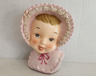 Vintage Pink Bonnet Baby Head Vase Spaghetti Girl Planter