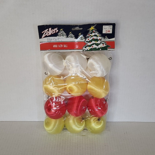 Vintage Zellers Christmas Tree Decoration Satin Balls Set of 12 Brand New in Sealed Original Packaging Xmas Baubles