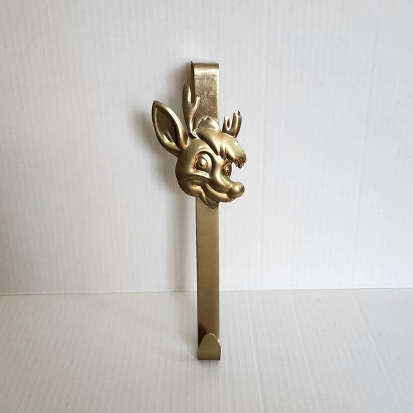 Vintage Brass Rudolph The Red Nosed Reindeer Over the Door Wreath Hanger Christmas Decor Holder