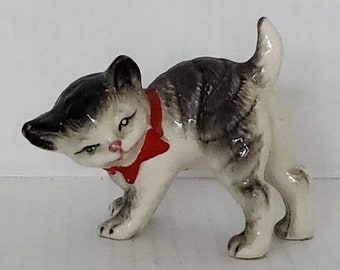 MCM Vintage Arched Tabby Kitty Cat Figurine with Red Bow