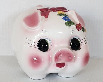 Vintage Kitschy Cute Floral Big Eyed Pink Piggy Bank Pig with Bow