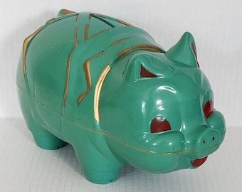 Vintage Reliable Toys Hard Plastic Teal and Gold Coloured Piggy Bank Kitschy Pig