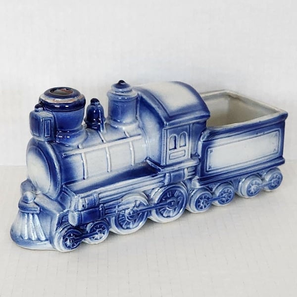 Vintage Blue and White Ceramic Train Engine Planter Pot Locomotive