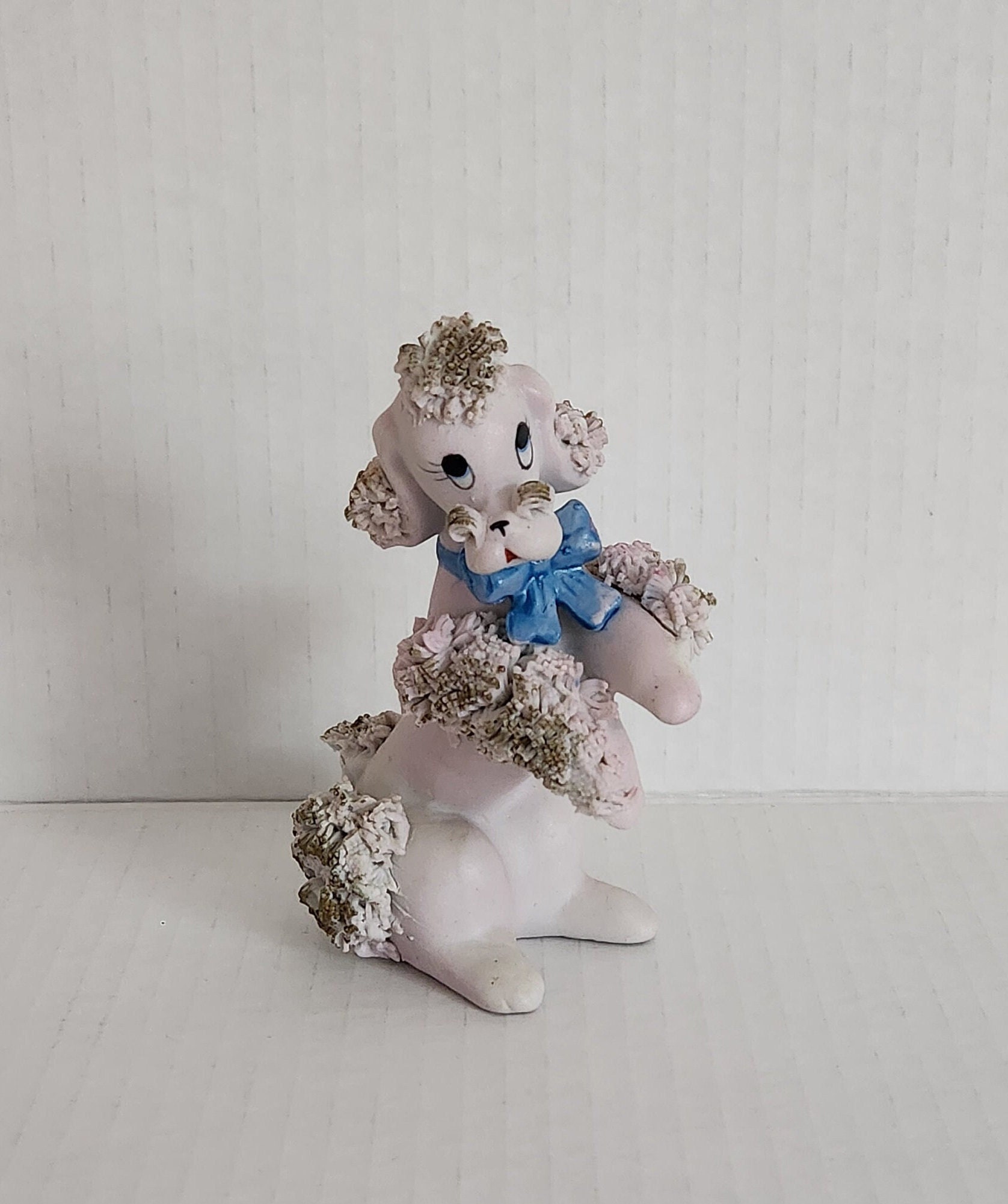 Vintage Kitschy Pink Spaghetti Poodle with Blue Bow Figurine Korea