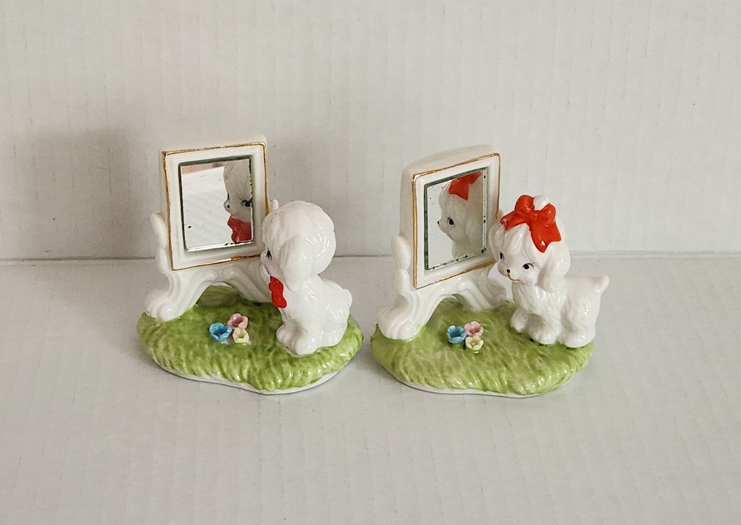 Vintage Kitschy Cute Dogs in Mirrors Figurine Set of 2 Maltese Poodle