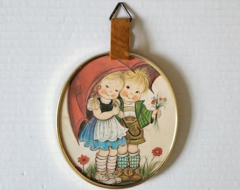 Vintage Framed Wall Hanging Kids Under Umbrella Made in Canada Decor