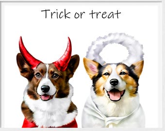 May include: A framed print featuring two corgi dogs dressed in Halloween costumes. One dog is dressed as a devil with red horns and a red cape, while the other is an angel with a halo and white robe. The text "Trick or treat" is above the dogs.